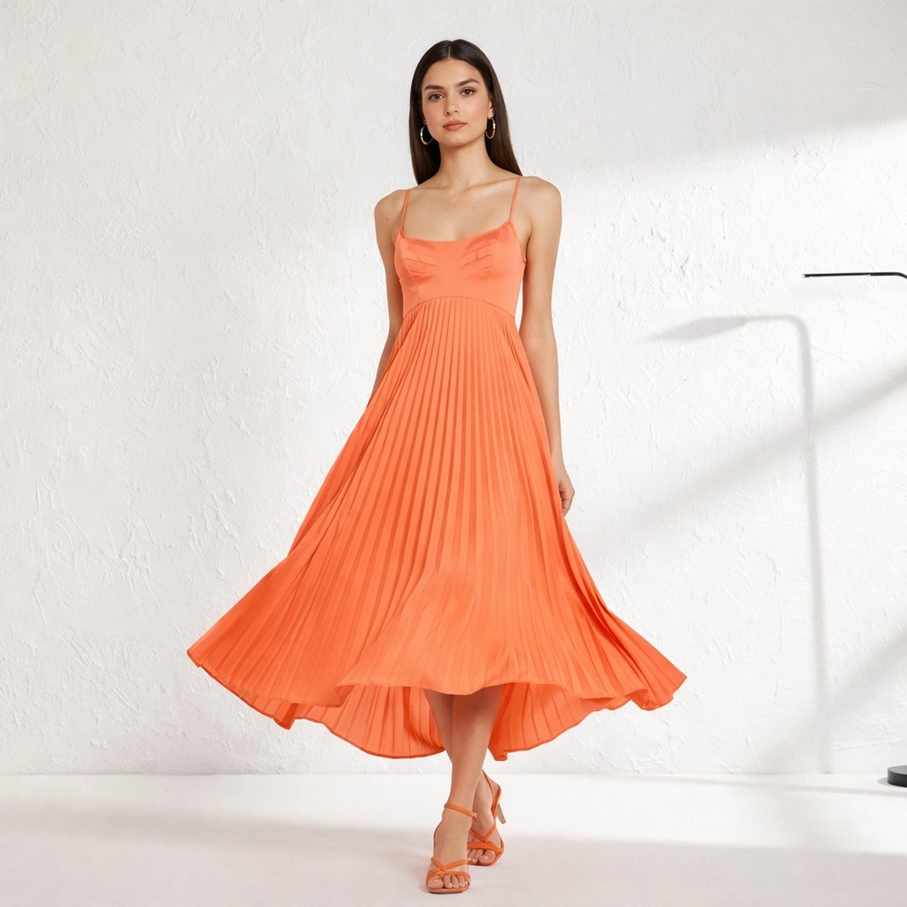 House of Harlow 1960 Coral Pleated Midi Dress – Size S NEW🧡 wedding summer girly